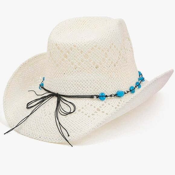 ?NIB White & Turquoise Beaded Straw Cowgirl Hat main image 8